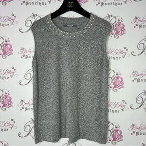 Coin 1804 tank top pearl neckline Heathered grey white mockneck blouse luxe